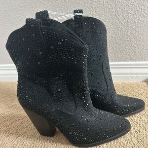 Women's Black Rhinestone Western Block-Heel Ankle Boots